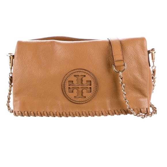 Tory Burch Boho Tan Crossbody Bag with Chain Strap and Whipstitch Detailing - Picture 1 of 8